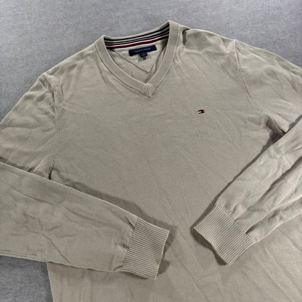 Tommy Hilfiger Mens Large Tan V-Neck Cotton Knit Sweater Beige Pullover L